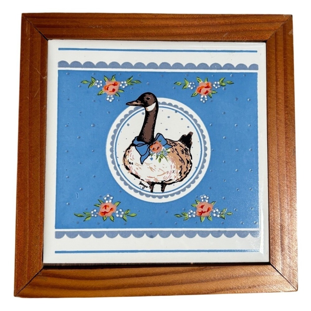 Vintage George Good Fujiyo Country Goose Framed Ceramic Tile Wall Art Blue 5.5"